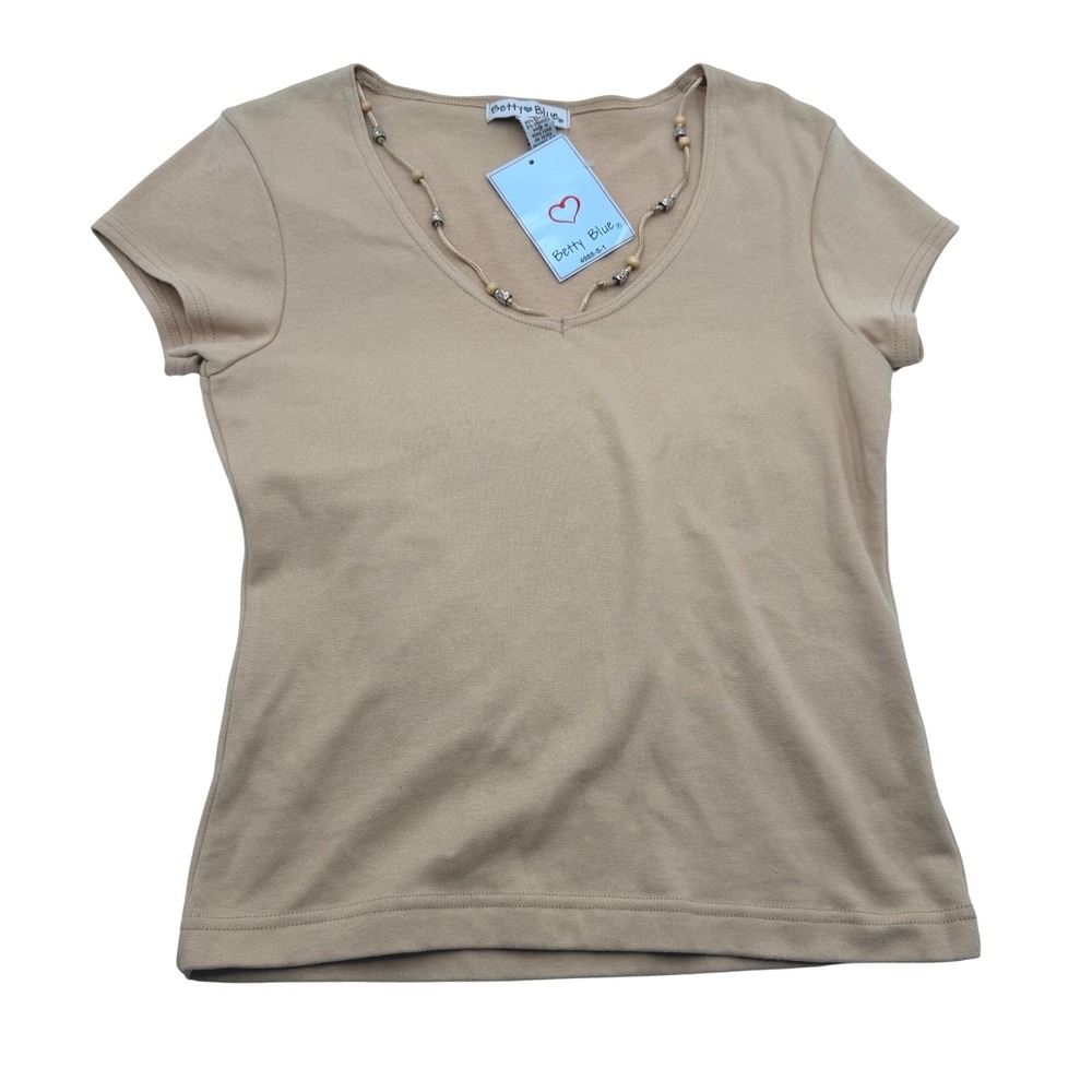 Betty Blue V Neck Short Sleeve Top Beaded Neckline Tan Y2K NWT Large
